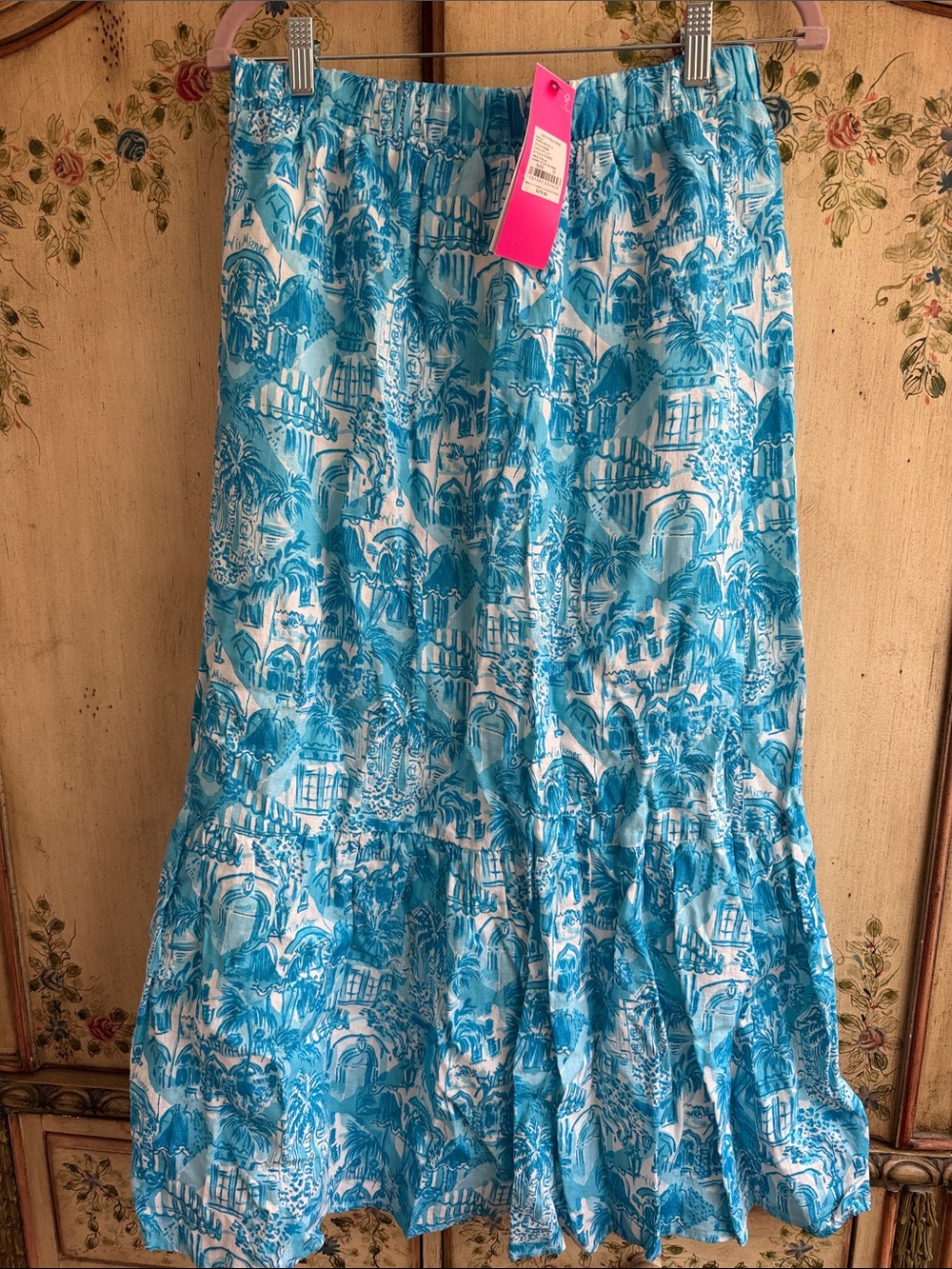 Lilly Pulitzer Aqua and White Tropical Tiered Maxi Skirt